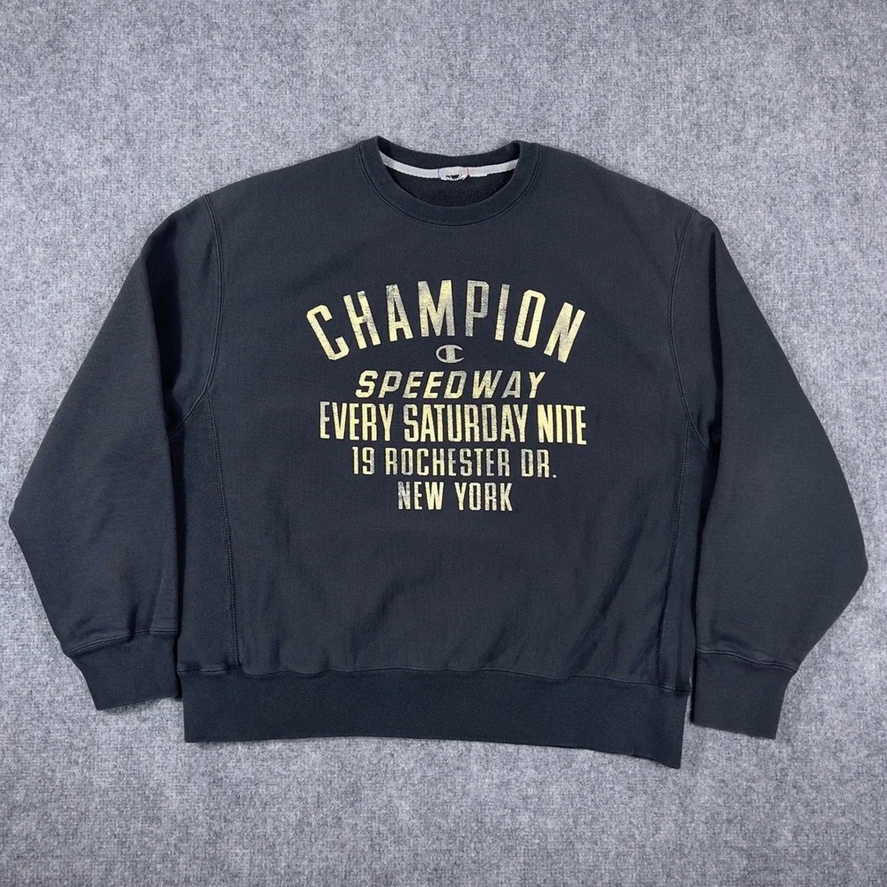 Y2K Champion Reverse Weave Sweatshirt Mens XL Black NY Speedway Graphic Pullover